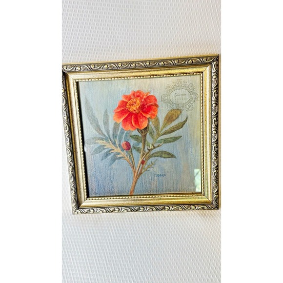 Other - Classic Botanical DANHUI Signed Gold/Silver Decor Framed Red Zinnia Flower Print
